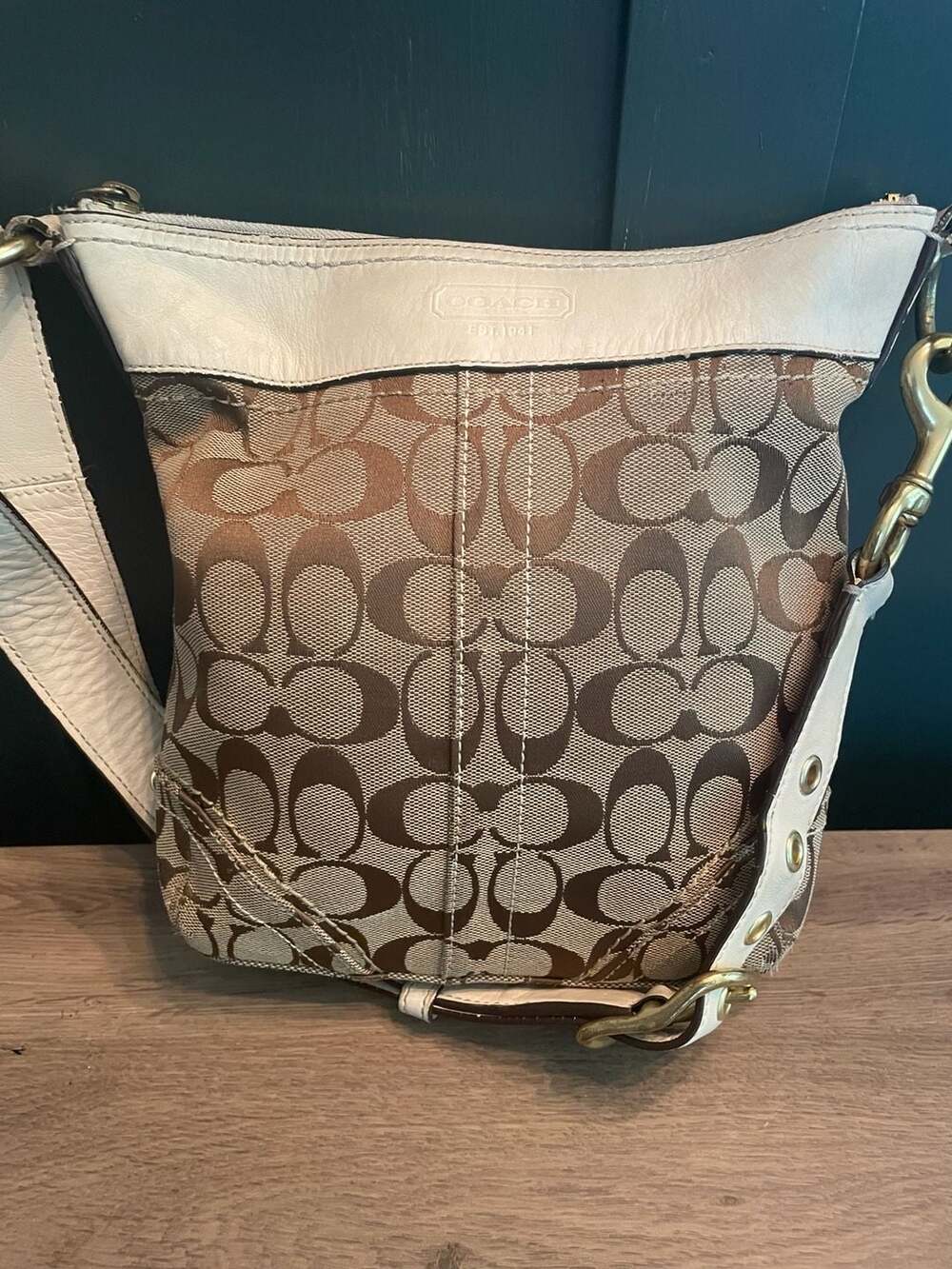 Y2K Vintage Coach Signature C Monogram Crossbody Bag with White Leather Trim REA